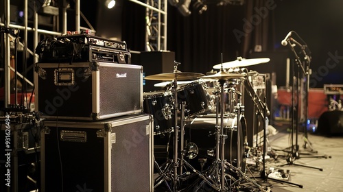 Backline Setup for a Live Performance. Features Essential Stage Equipment Including Amplifiers, Drum Kit, and Microphones, Arranged for a Concert or Music Event.