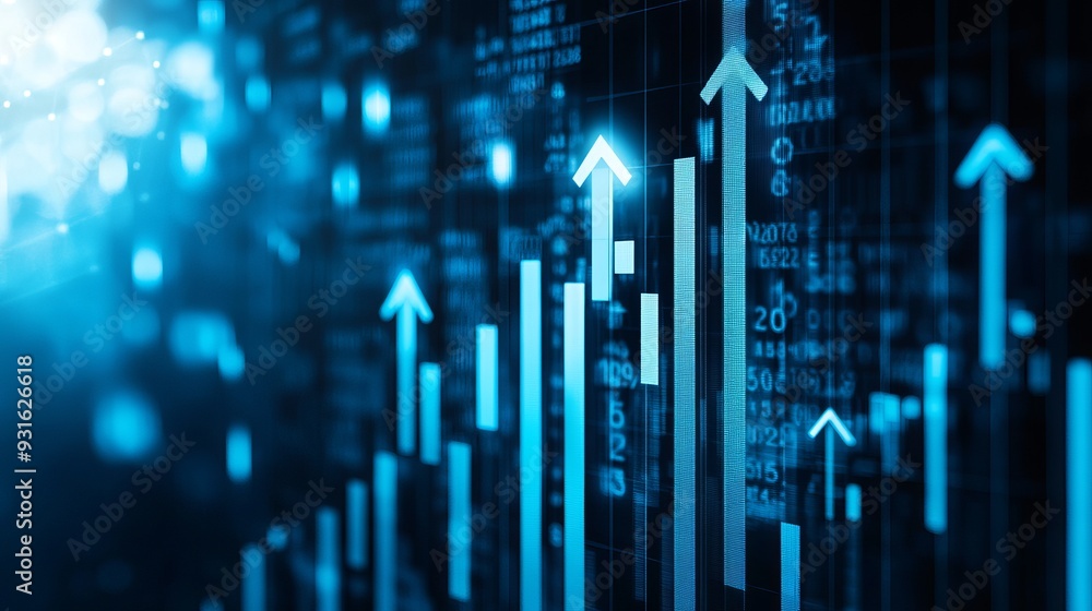 Up arrows over blue financial graph background. Horizontal composition with selective focus and copy space. Investment, stock market data and finance concept Up arrows over blue financial graph background. Horizontal composition with selective focus and copy space. Investment, stock market data and finance concept