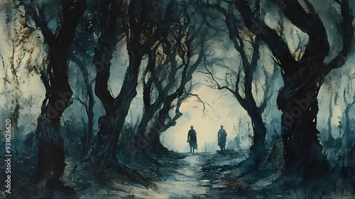 Dark forest, twisted trees, shadowy figures, Watercolor styleI photo