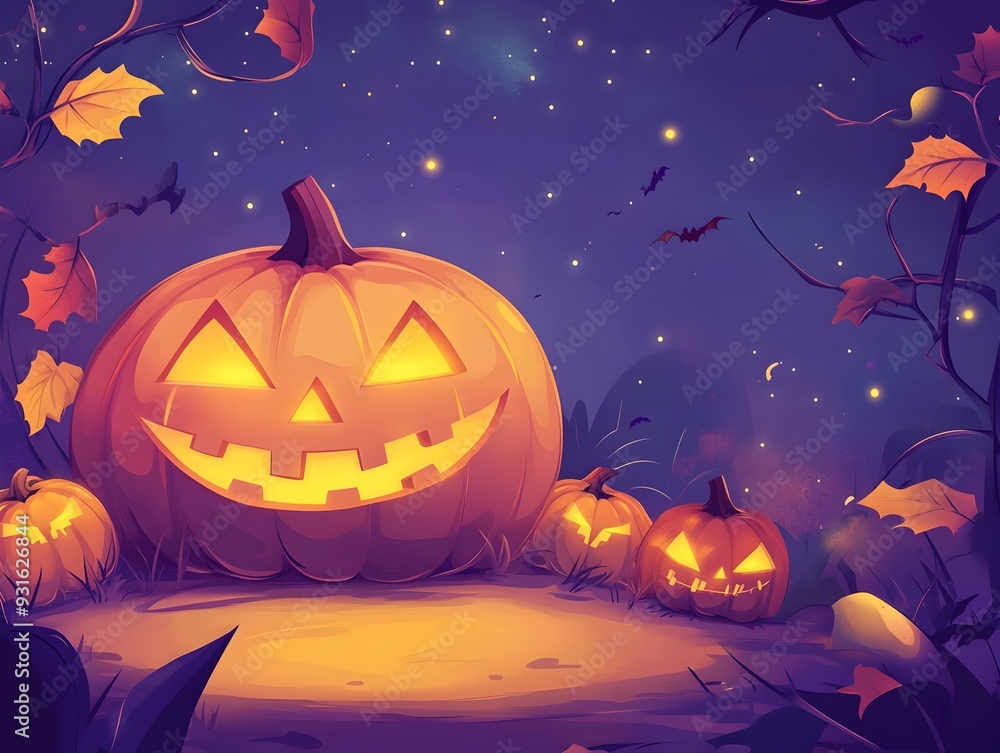 Enchanting Jack o Lantern Scene in Spooky Autumnal Forest with Bats and Glowing Stars Enchanting Jack o Lantern Scene in Spooky Autumnal Forest with Bats and Glowing Stars
