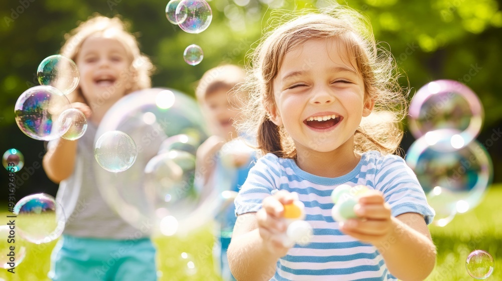 Group of kids giggling as bubbles of different colors float in the air around them, with bubble gum wrappers scattered on the grass playful atmosphere Group of kids giggling as bubbles of different colors float in the air around them, with bubble gum wrappers scattered on the grass playful atmosphere