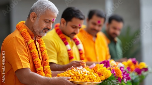 Gujarati businessmen exchanging sweets and wishing each other good fortune while performing puja rituals in a well-decorated office during Labh Pancham  photo