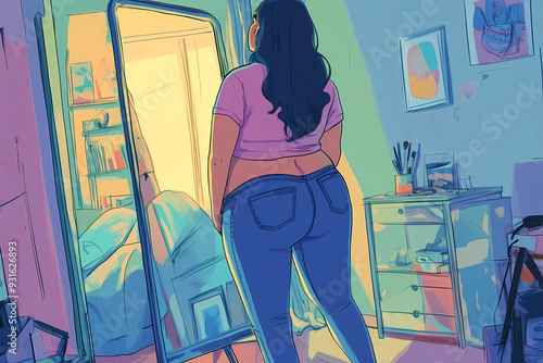 a overweight girl looking herself at the mirror