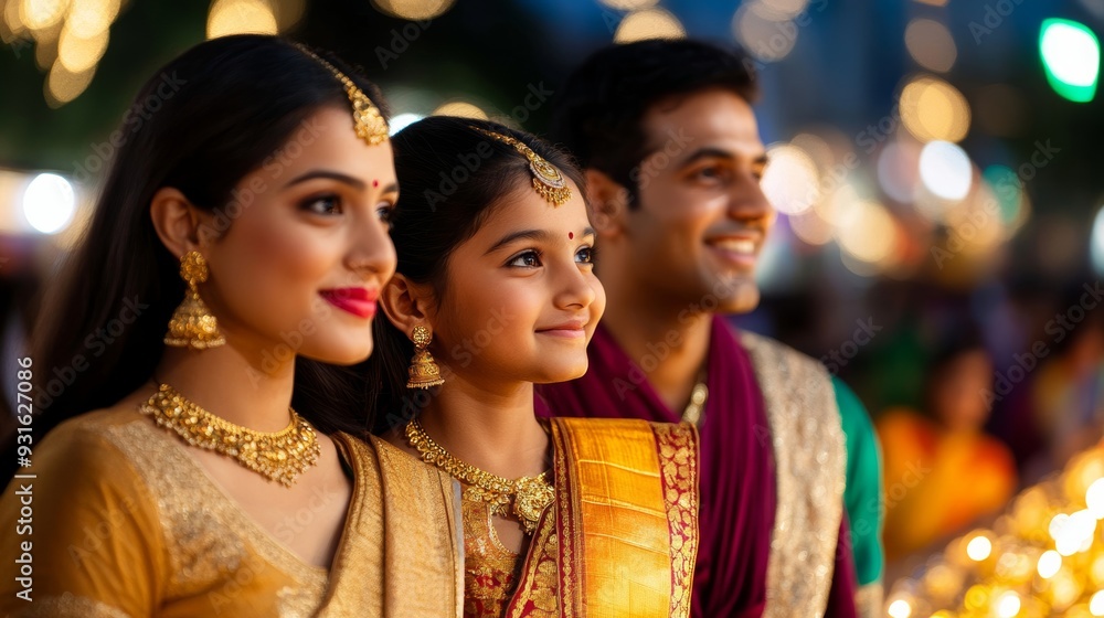 Indian family in festive attire joyfully shopping for gold and silver items in a bustling market with bright decorations and illuminated shops during Dhanteras Indian family in festive attire joyfully shopping for gold and silver items in a bustling market with bright decorations and illuminated shops during Dhanteras