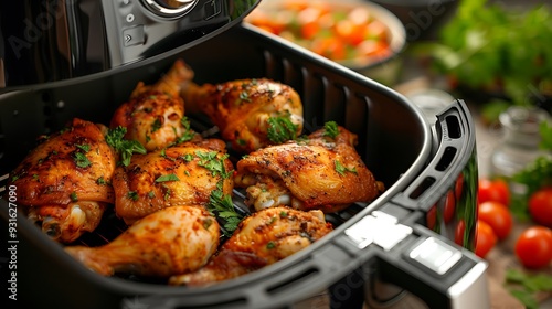 Air fryer machine with chicken and fried