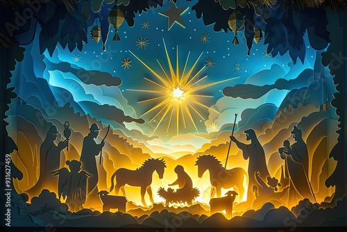 A traditional nativity scene rendered in a 3D paper cut style, featuring layered elements like the manger, Mary, Joseph, baby Jesus, the star, and the Three Wise Men photo