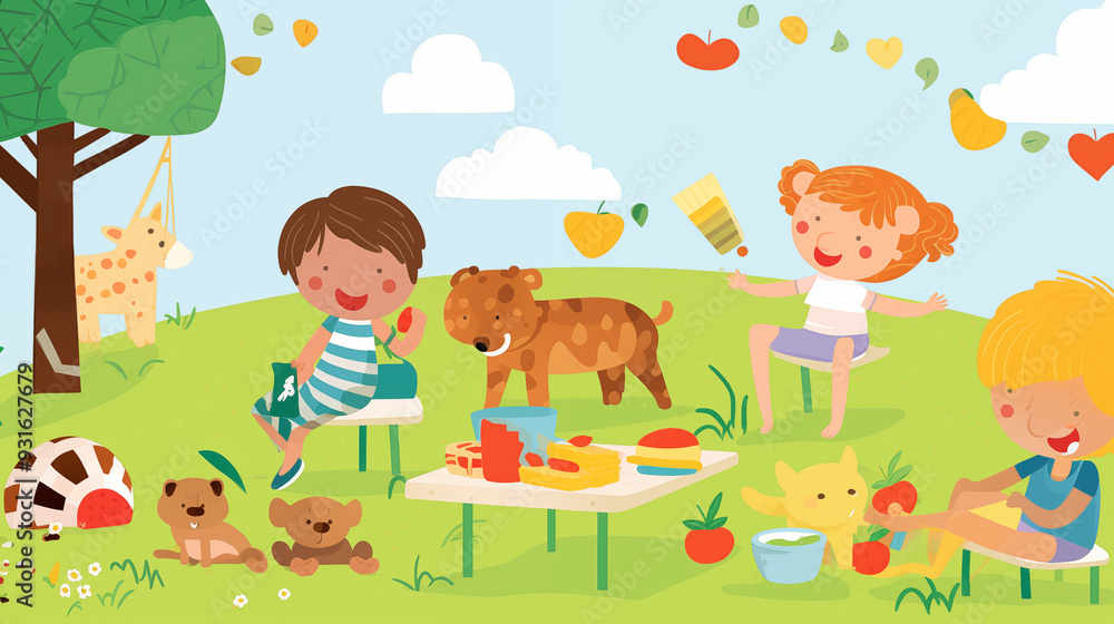 Children and Pets Enjoying a Picnic with Vibrant Colors and Playful Surroundings Children and Pets Enjoying a Picnic with Vibrant Colors and Playful Surroundings