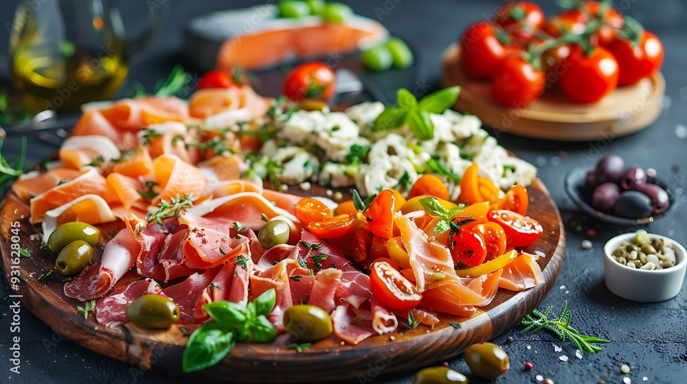 Appetizers with different antipasti charcuterie snacks meat platter with cheese and spicy olives salmon carpaccio and tomato salad Appetizers with different antipasti charcuterie snacks meat platter with cheese and spicy olives salmon carpaccio and tomato salad
