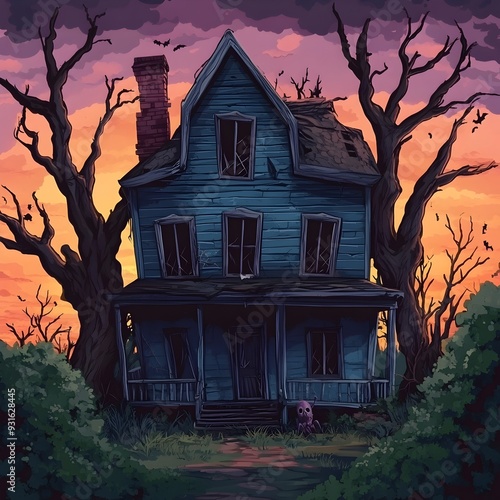 Creepy Abandoned Haunted House at Dusk with Gnarled Trees and Ominous Sky in Cartoon Halloween Inspired Digital