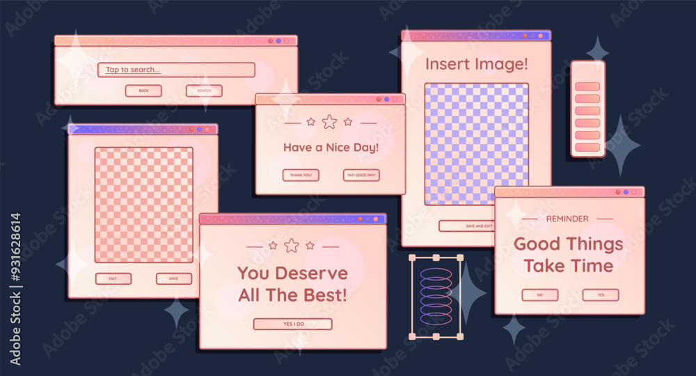 Computer screens, opened windows with short phrases and elements, loading bars. Graphic design stickers and decorations. Vector illustration set. Computer screens, opened windows with short phrases and elements, loading bars. Graphic design stickers and decorations. Vector illustration set.