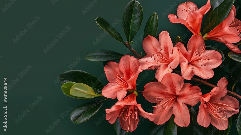 Obraz premium Azaleas flowers with leaves iink flowers isolated on green background with clipping path