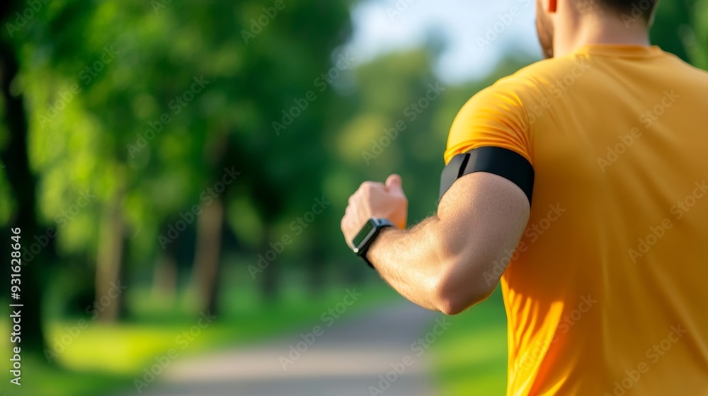 Person jogging in a park wearing a fitness tracker and carrying a glucose monitor showing active diabetes management and healthy living Person jogging in a park wearing a fitness tracker and carrying a glucose monitor showing active diabetes management and healthy living