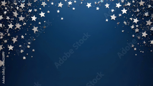 Festive blue background with silver star confetti for design or wallpaper