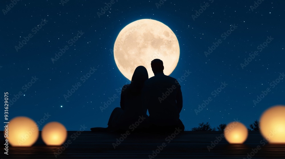 Silhouetted Indian couple sitting on a terrace under the glowing full moon during Sharad Purnima surrounded by soft lantern light and starry skies Silhouetted Indian couple sitting on a terrace under the glowing full moon during Sharad Purnima surrounded by soft lantern light and starry skies