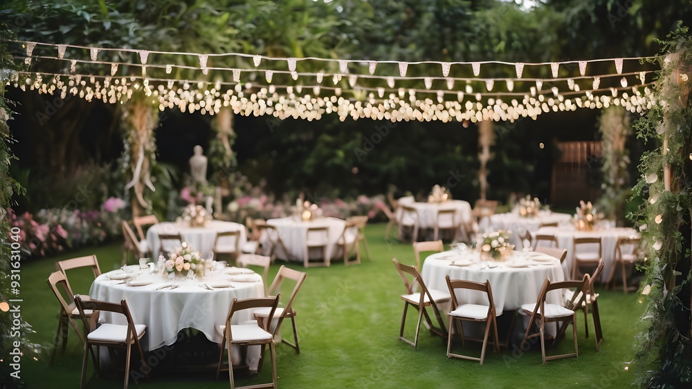 Decorative outdoor string lights hanging on tree in the garden at night for the wedding ceremony Decorative outdoor string lights hanging on tree in the garden at night for the wedding ceremony