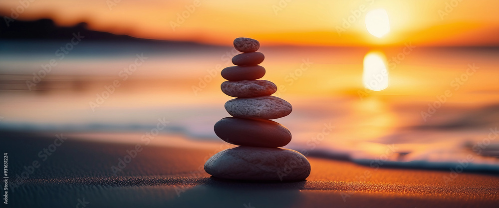 Obraz premium A serene stack of balanced stones on a calm beach, symbolizing peace and mindfulness