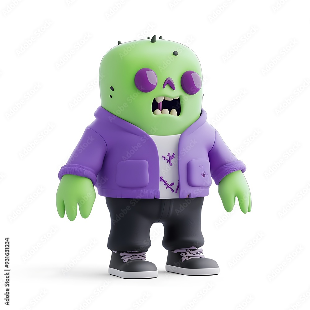 3D rendered cartoon zombie in a purple jacket, perfect for Halloween designs, children's illustrations, or fun creative projects. Halloween Art Toy Character Design. 3D rendered cartoon zombie in a purple jacket, perfect for Halloween designs, children's illustrations, or fun creative projects. Halloween Art Toy Character Design.