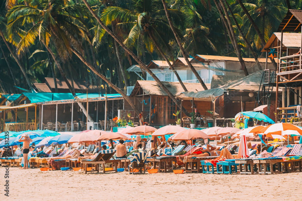 Canacona, Goa, India. People Resting At Famous Palolem Beach In Summer Sunny Day.