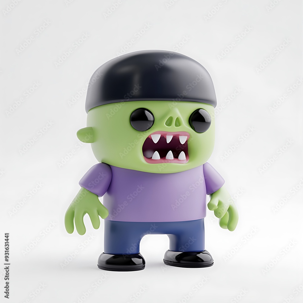3D-rendered cartoon zombie with a green face, black cap, purple shirt, and blue pants on a white background. Halloween Art Toy Character Design. 3D-rendered cartoon zombie with a green face, black cap, purple shirt, and blue pants on a white background. Halloween Art Toy Character Design.
