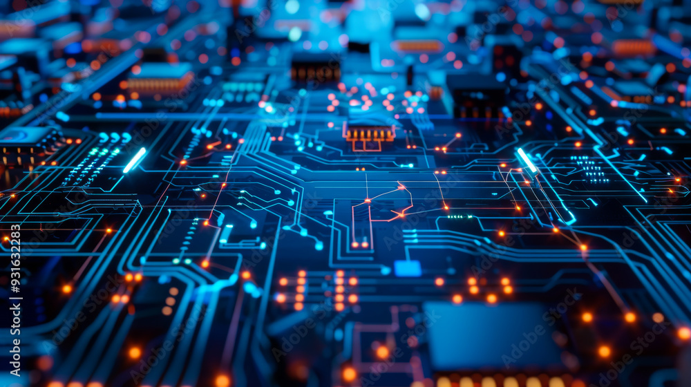 A computer chip is shown in a blue and orange color scheme. The chip is made up of many small squares and lines, giving it a complex and intricate appearance. A computer chip is shown in a blue and orange color scheme. The chip is made up of many small squares and lines, giving it a complex and intricate appearance.
