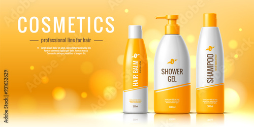 Cosmetic product template. Hair balm, shampoo and shower gel bottles package. realistic 3d vector cosmetics container mockups on bright orange background with bokeh effect. Skin care professional line