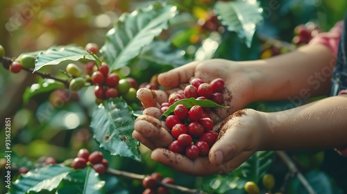 Hand of children holding coffee cherries in harvesting season organic coffee growing on high mountain Thailand : Generative AI photo