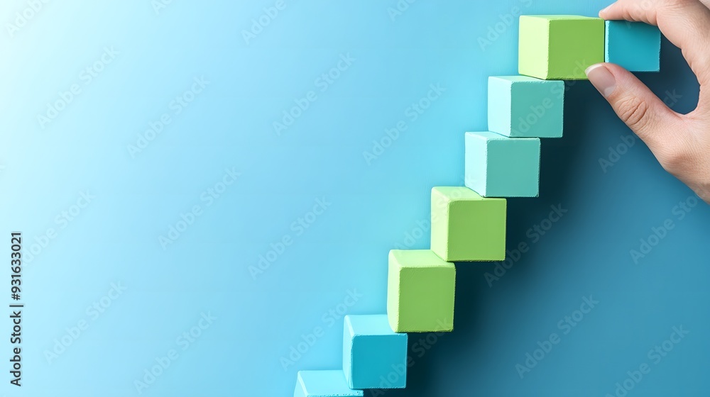 Strategic business growth concept with hand placing green and blue blocks to build an upward graph representing success in marketing and sales. Business planning, and positive trends Strategic business growth concept with hand placing green and blue blocks to build an upward graph representing success in marketing and sales. Business planning, and positive trends