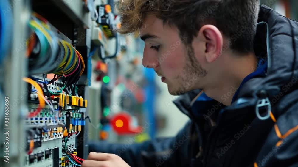 Apprentice working on a practice electrical panel in a vocational school lab Apprentice working on a practice electrical panel in a vocational school lab