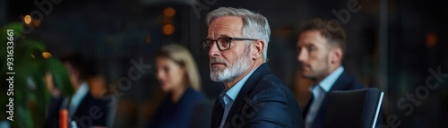 CEO and leadership team in a boardroom, holographic display projecting the company s future strategy, executive meeting, high-tech collaboration photo