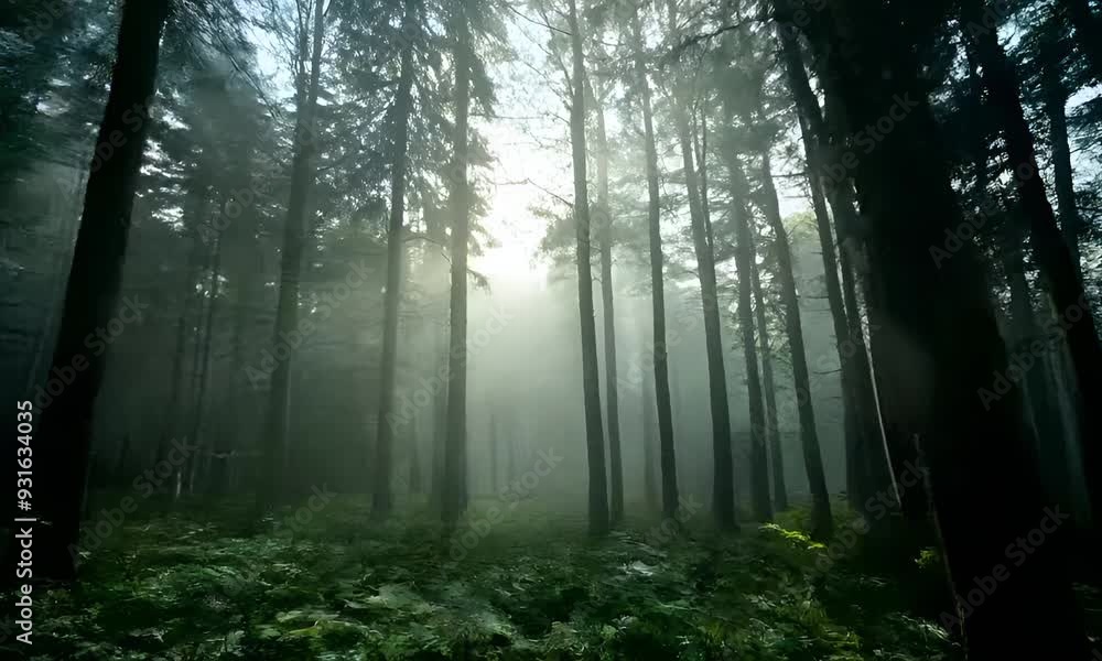 Misty Forest in Early Morning with Ethereal Light Breaking Through Trees - Serene Cinematic Slow Pan Upwards Capturing Tranquil Atmosphere and Dreamy Lighting Misty Forest in Early Morning with Ethereal Light Breaking Through Trees - Serene Cinematic Slow Pan Upwards Capturing Tranquil Atmosphere and Dreamy Lighting