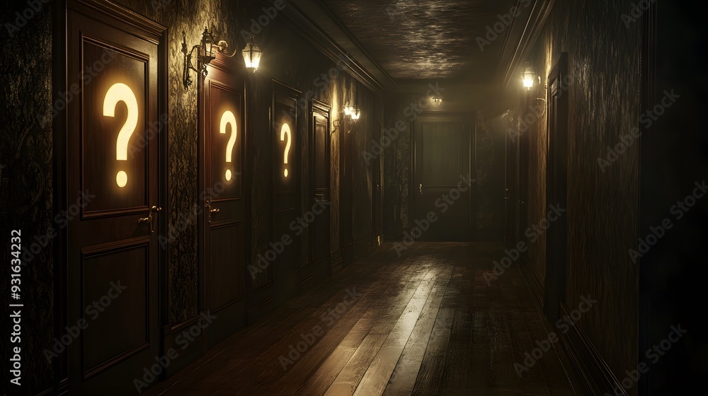 A dimly lit hallway with wooden floors, multiple old-fashioned wooden doors, each marked with a glowing question mark, soft ambient lighting casting eerie shadows, gothic realism style, mysterious A dimly lit hallway with wooden floors, multiple old-fashioned wooden doors, each marked with a glowing question mark, soft ambient lighting casting eerie shadows, gothic realism style, mysterious