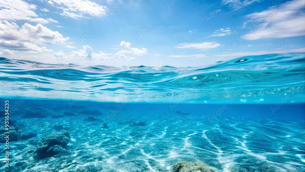 a beautiful view of the ocean, with the scene split between underwater and above water. The lower part of the image reveals the clear, blue water with sunlight creating patterns a beautiful view of the ocean, with the scene split between underwater and above water. The lower part of the image reveals the clear, blue water with sunlight creating patterns
