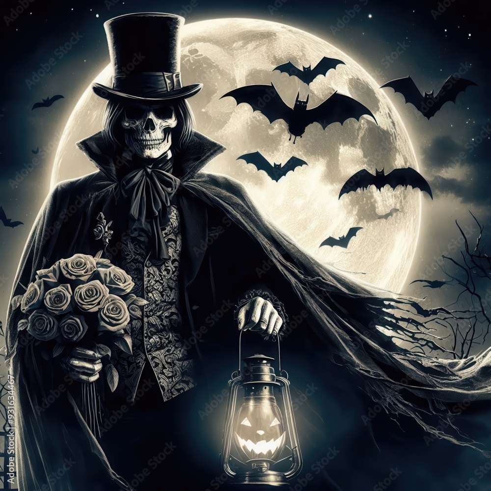 A spooky skeleton in a top hat, holding roses and a lantern, set against a full moon and flying bats, perfect for Halloween-themed designs and events. A spooky skeleton in a top hat, holding roses and a lantern, set against a full moon and flying bats, perfect for Halloween-themed designs and events.
