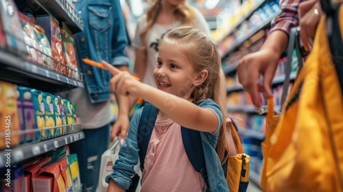 A happy young girl pointing at a backpack while shopping for school supplies with her parents in a supermarket, capturing the excitement of preparing for school.