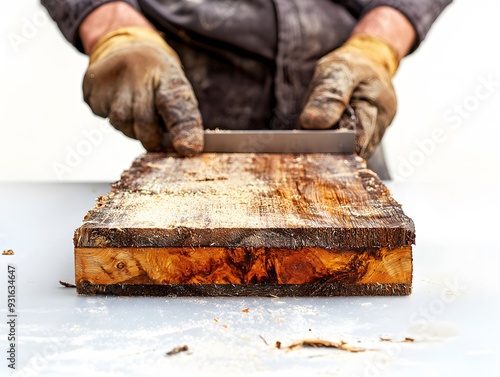 Carpenter s Hands Working on Aged Wood Plank at Workshop photo