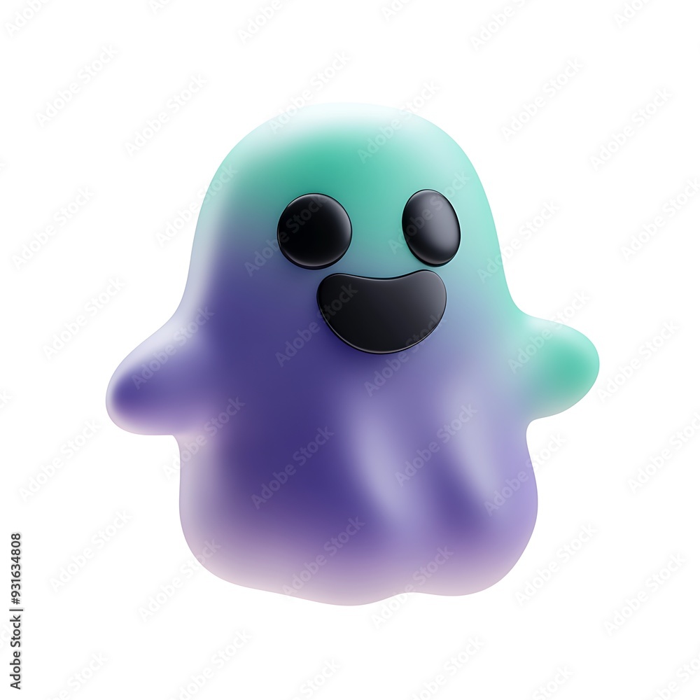 Cute 3D illustration of a colorful, happy ghost character with a gradient of purple and green hues, perfect for Halloween designs. Halloween Art Toy Character Design. Cute 3D illustration of a colorful, happy ghost character with a gradient of purple and green hues, perfect for Halloween designs. Halloween Art Toy Character Design.