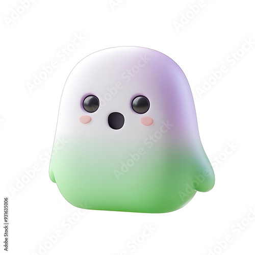 Cute 3D rendering of a small ghost character with round eyes and a gradient color from green to purple. Isolated on white background. Halloween Art Toy Character Design. photo