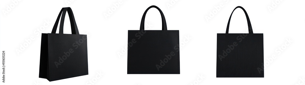 Three Black Tote Bags with Handles on a White Background Three Black Tote Bags with Handles on a White Background