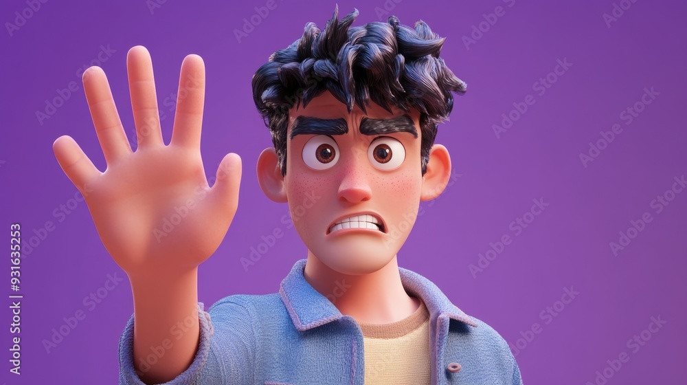 3D cartoon young man with a serious expression looking stern and displeased making a stop gesture with an open palm against a purple backdrop 3D cartoon young man with a serious expression looking stern and displeased making a stop gesture with an open palm against a purple backdrop
