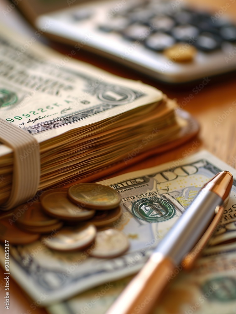 A stack of cash, scattered coins, and an open notebook filled with calculations are arranged on a wooden surface, indicating financial planning activities. Generative AI A stack of cash, scattered coins, and an open notebook filled with calculations are arranged on a wooden surface, indicating financial planning activities. Generative AI