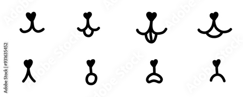 Hand drawn dog face with tongue hanging out. Dog tongue lick mouth and nose. Doodle happy cat face with open mouth. Icons set. Stock vector illustration isolated on white background.