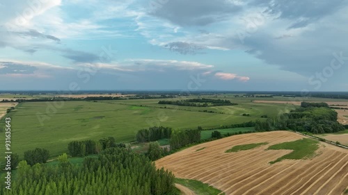 Aerial drone view of agricultural land durng summer. Flying above wheat land photo