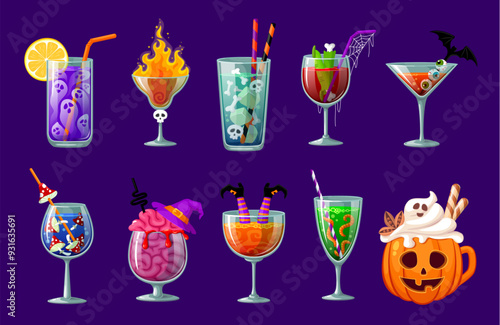 Halloween cocktails. Happy Halloween holiday, autumn season celebration, fall season witchcraft or horror party cocktail drinks glasses vector icons set with skulls, zombie fingers and brain, mushroom