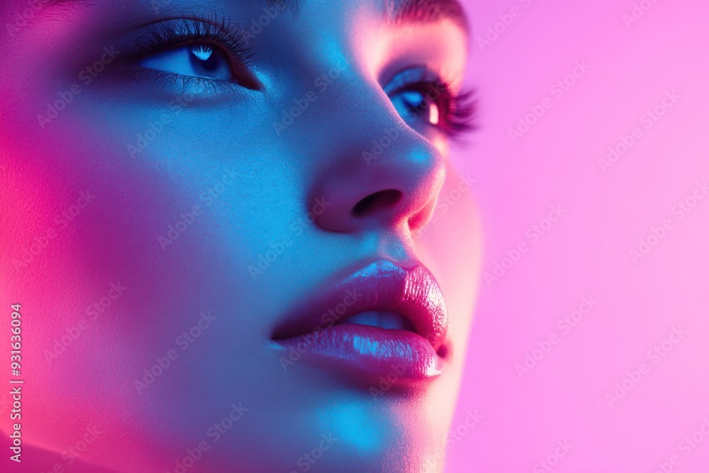 Close-up of a Woman's Face with Blue and Pink Lighting Close-up of a Woman's Face with Blue and Pink Lighting