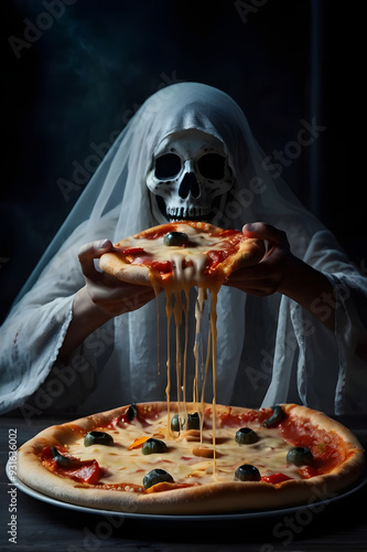 Halloween image of ghost eating pizza in dark room.