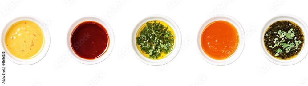 Five Different Sauces in White Bowls Five Different Sauces in White Bowls