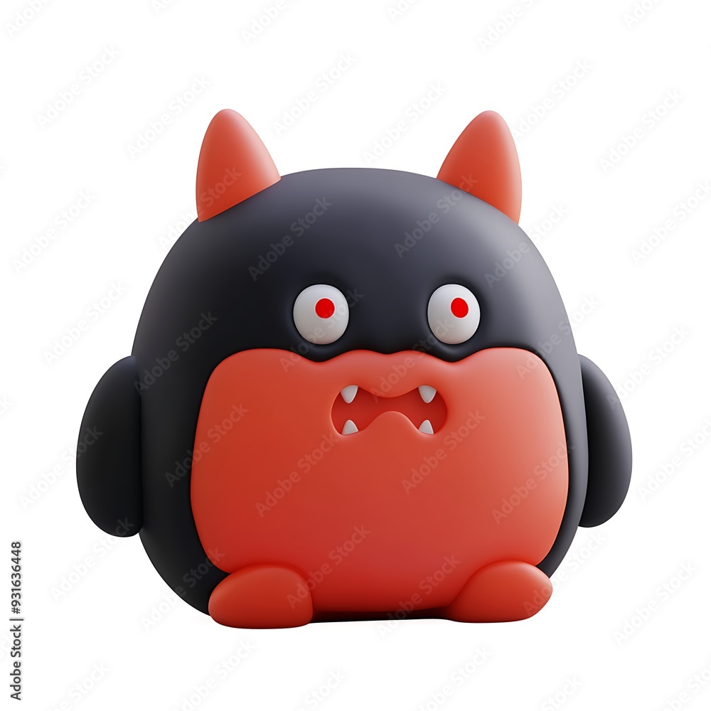 Cute black and red cartoon monster with round shape, big eyes, pointy ears, and sharp teeth. Perfect for Halloween or fun characters. Halloween Art Toy Character Design. Cute black and red cartoon monster with round shape, big eyes, pointy ears, and sharp teeth. Perfect for Halloween or fun characters. Halloween Art Toy Character Design.