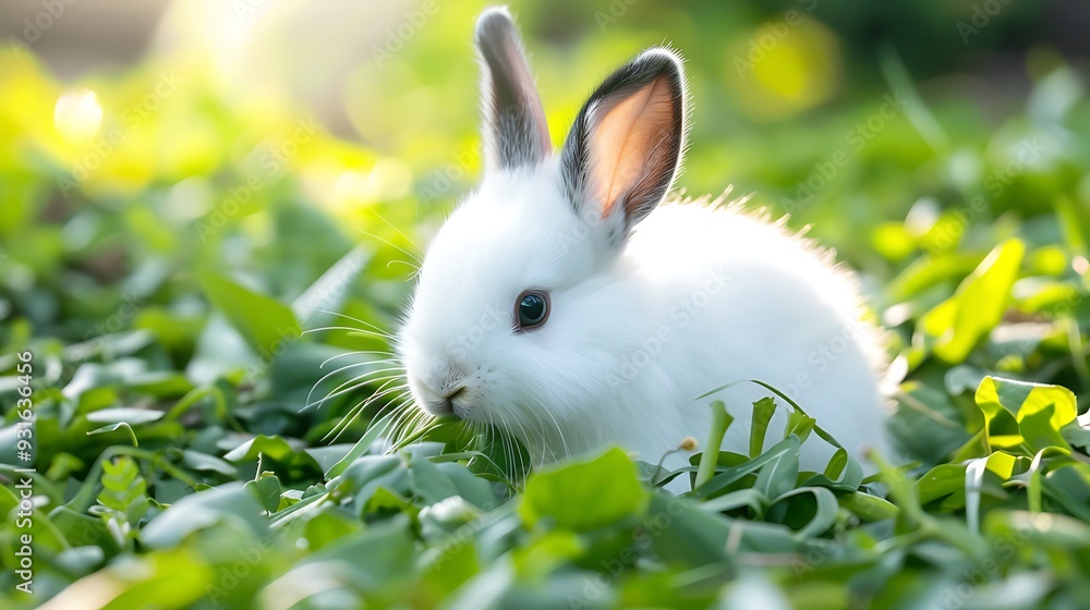 Fototapeta premium Beautiful white fluffy baby rabbit with long black ears playing in green grass