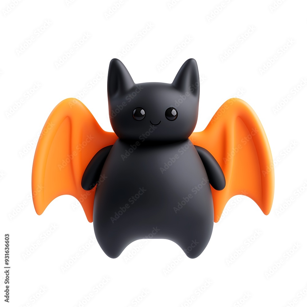 Obraz premium Cute black bat with orange wings cartoon on a white background, perfect for Halloween and festive decoration. Halloween Art Toy Character Design.