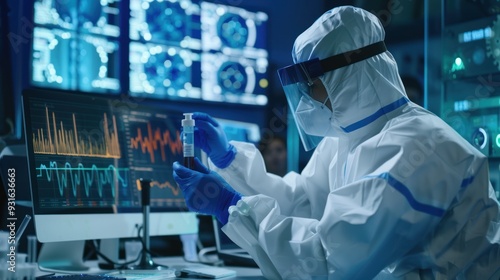 Scientist in a Hazmat Suit Examining a Test Tube in a Modern Laboratory